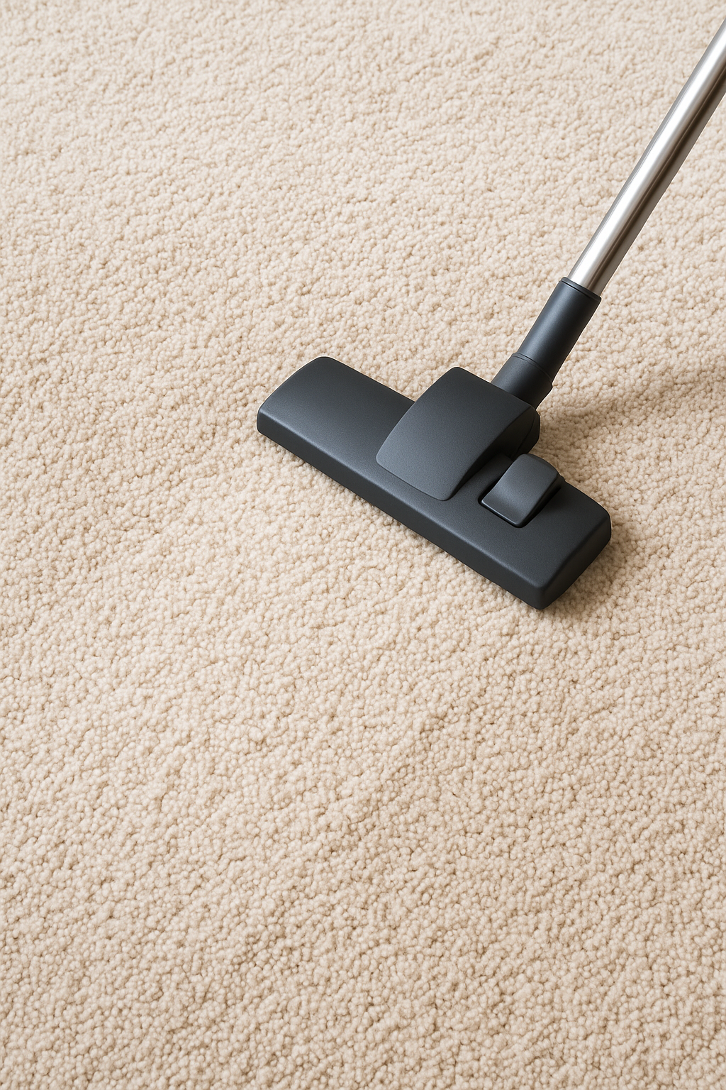 A vacuum head gliding across freshly cleaned beige carpet