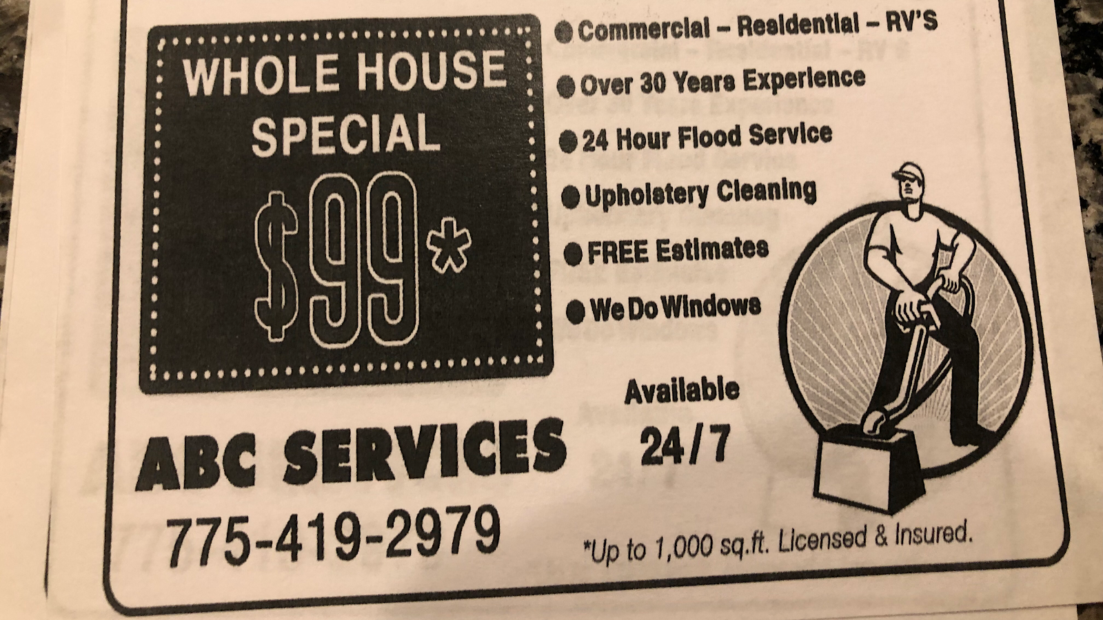 ABC Services flyer for commercial, residential and RV cleaning